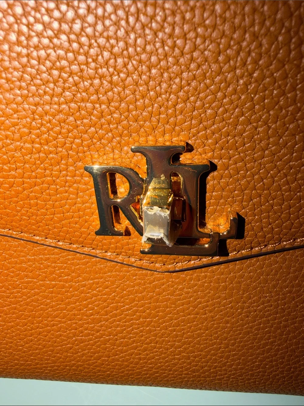 Ralph Lauren Cognac Leather Top-Handle Satchel with Gold RL Logo